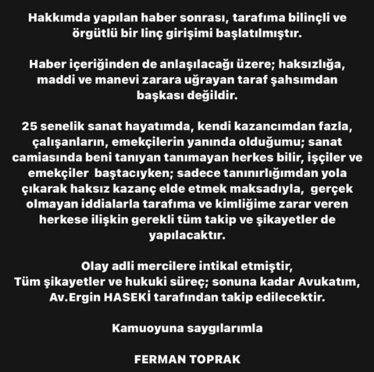 İşçileri darbetmekle suçlanan şarkıcı Ferman Toprak sessizliğini bozdu: Maddi ve manevi zarara uğrayan taraf benim