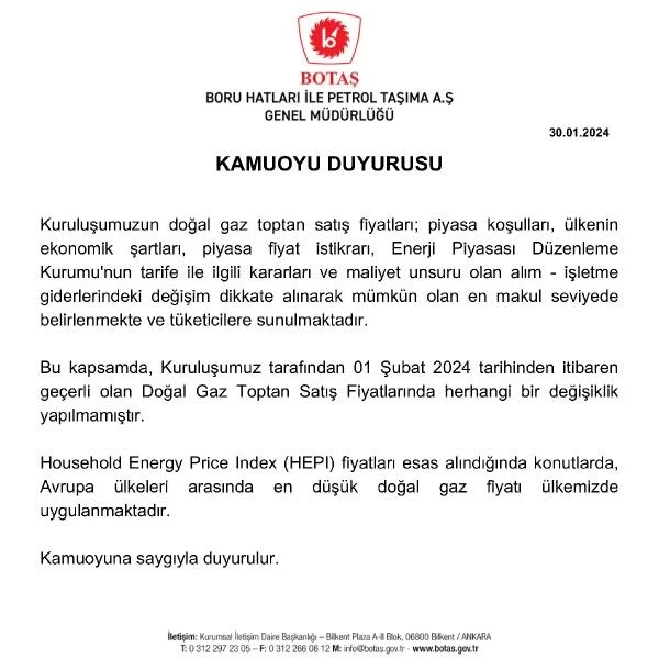 BOTAŞ, doğal gaz toptan satış fiyatlarında değişiklik yapmadı