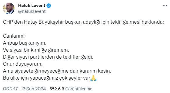 CHP Haluk Levent'e Hatay adaylığı teklif etti, ünlü şarkıcı olumsuz yanıt verdi