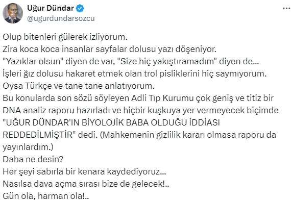 Uğur Dündar, DNA raporuna inanmayan Duygu Nebioğlu'na tepki: Artık gülüyorum