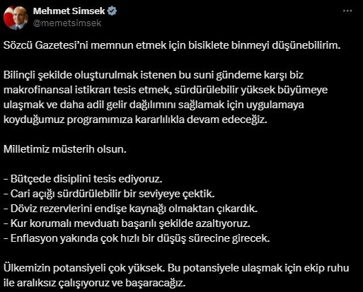 Şimşek'ten lüks araç eleştirilerine yanıt: Bisiklete binmeyi düşünebilirim
