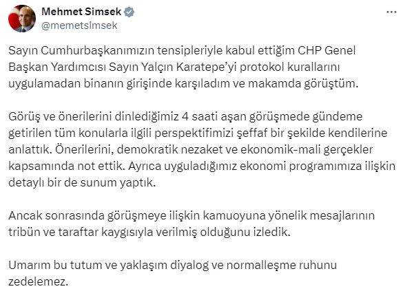 Mehmet Şimşek'ten CHP heyetinin ekonomi zirvesi sonrasındaki eleştirilerine yanıt