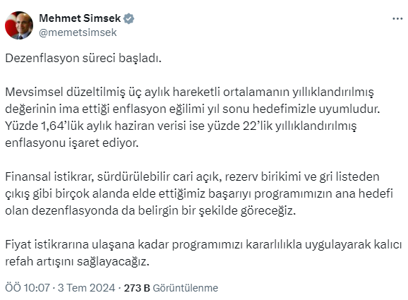 Mehmet Şimşek'ten haziran ayı enflasyon rakamlarına ilk yorum