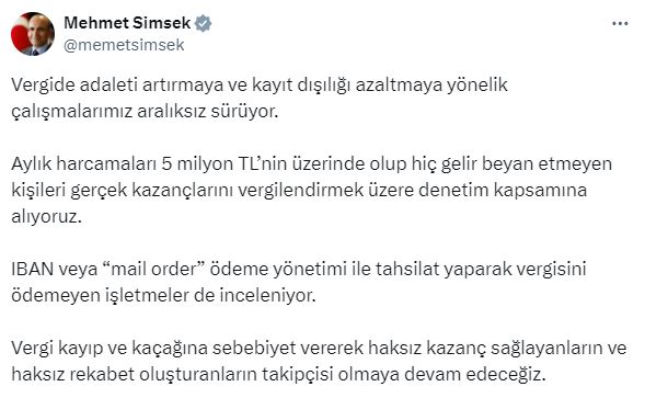 Bakan Şimşek, aylık harcamaları 5 milyon TL'nin üzerinde olanların peşine düştü