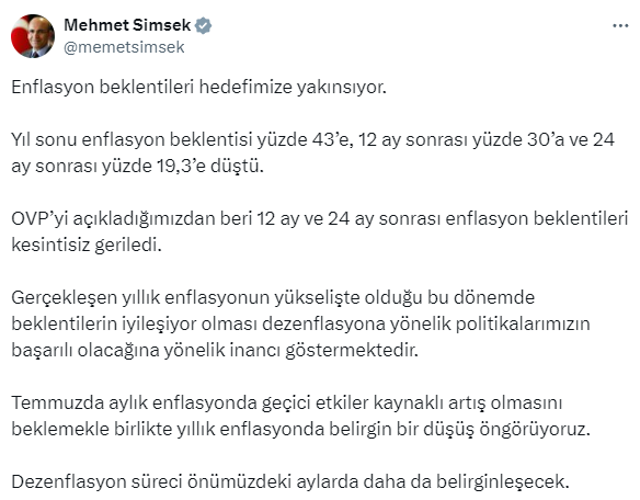 Mehmet Şimşek'ten Merkez'in değiştirdiği enflasyon tahminine ilişkin ilk yorum