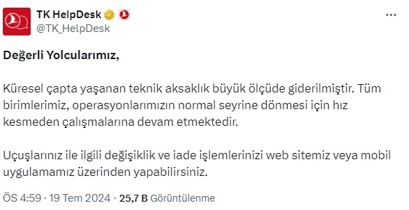 THY: Küresel çapta yaşanan teknik aksaklık büyük ölçüde giderildi