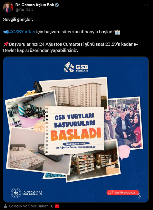 E-Devlet üzerinden yapılacak! GSB yurt başvuruları başladı