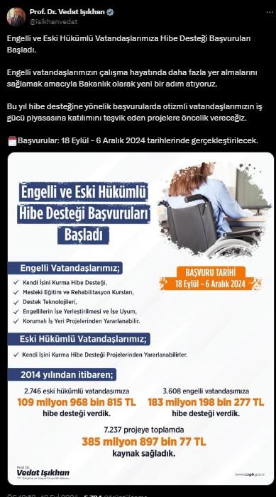 Bakanlık duyurdu! Engelli ve eski hükümlülere hibe desteği geliyor!