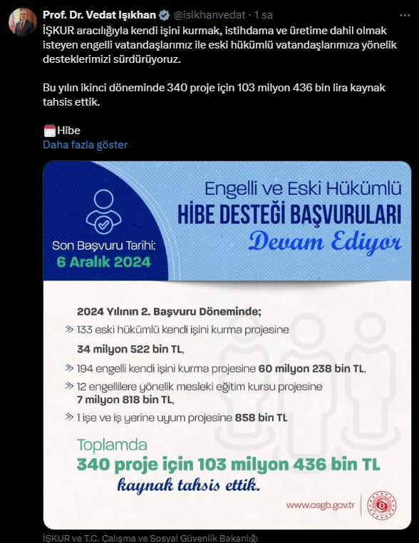 İŞKUR'dan engelli ve eski hükümlülere 103 milyon lira destek