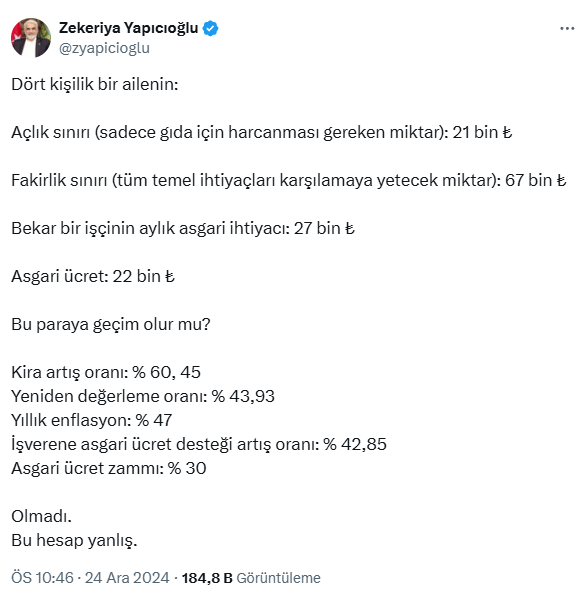 HÜDA PAR lideri Yapıcıoğlu da yeni asgari ücrete tepki gösterdi