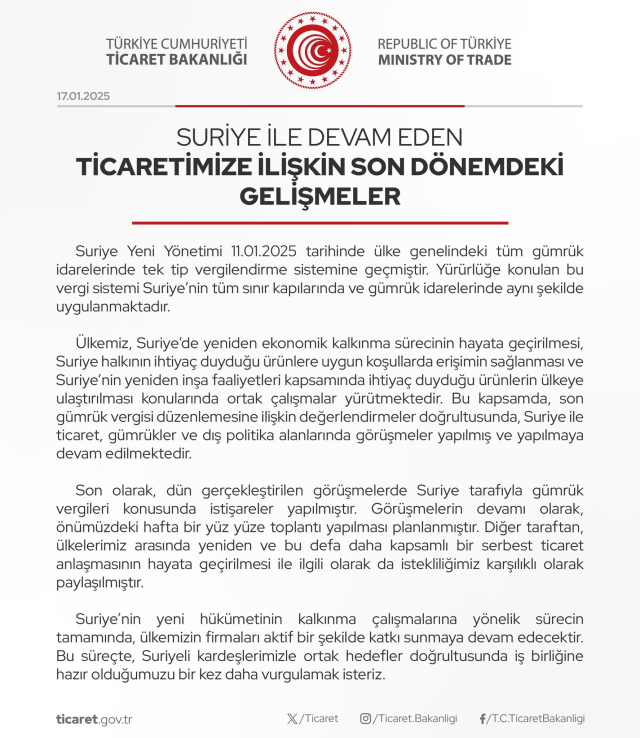 Ticaret Bakanlığı'ndan Suriye'deki Gümrük Vergi Düzenlemesine Açıklama