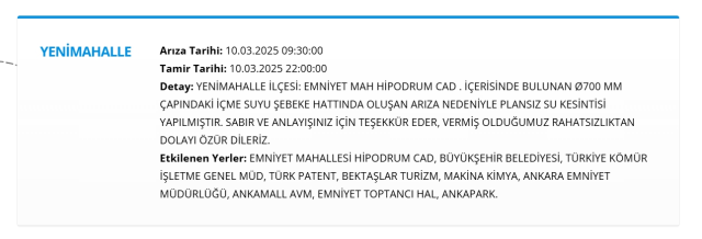 Ankara YENİMAHALLE su kesintisi! 10-11 Mart ASKİ Yenimahalle su kesintisi ne zaman bitecek, sular ne zaman gelecek?