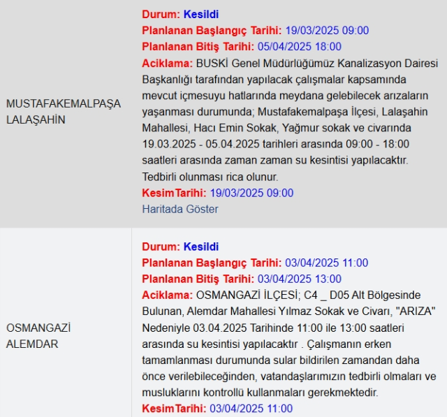 Bursa BUSKİ su kesintisi! 3-4 Nisan Bursa'da su kesintisi ne zaman bitecek, sular ne zaman gelecek?