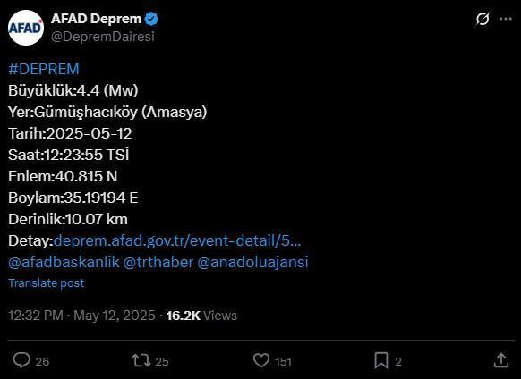 AMASYA'DA DEPREM Mİ OLDU: 12 Mayıs Pazartesi az önce deprem mi oldu, nerede? Kandilli Rasathanesi ve AFAD SON DAKİKA deprem listesi!