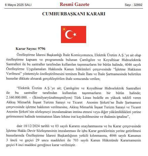 Çamlıgöze ve Koyulhisar Hidroelektrik Santralleri özelleştirildi