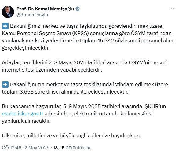 Sağlık Bakanlığı 15 bin 342 sözleşmeli personel alacak