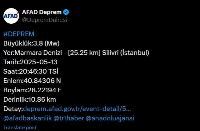 Silivri'de derem mi oldu 13 Mayıs Salı? Kadıköy, Üsküdar, Beşiktaş, Bağcılar, Bahçelievler, Fatih, Büyükçekmece,.. deprem mi oldu?