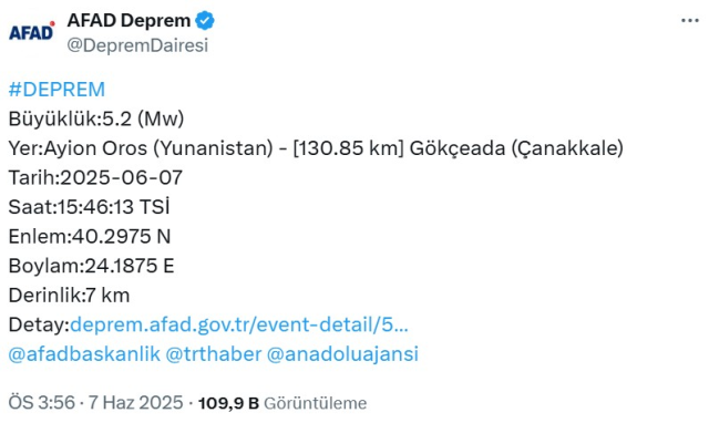 ÇANAKKALE'DE DEPREM Mİ OLDU? 7 Haziran 2025 Gökçeada'da az önce deprem mi oldu, nerede, kaç şiddetinde? AFAD ve Kandilli SON depremler listesi!