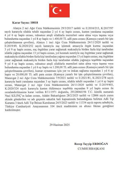 Cumhurbaşkanı Erdoğan, iki mahkum için af yetkisini kullandı