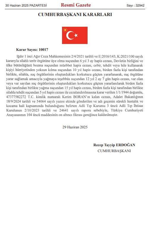 Cumhurbaşkanı Erdoğan, iki mahkum için af yetkisini kullandı