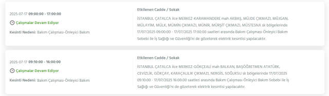 İstanbul ÇATALCA elektrik kesintisi! 17 Temmuz Çatalca elektrik kesintisi ne zaman bitecek, elektrikler ne zaman gelecek?