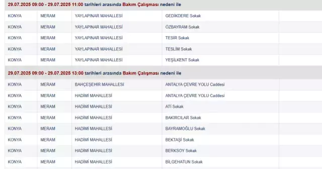 Konya Meram 29 Temmuz 2025 Salı elektrik kesintisi! Meram elektrik kesintisi kaç saat sürecek?