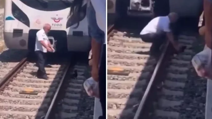 Raylara dusen kediyi kurtarmak icin treni durdurdu raylara indi