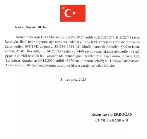 Cumhurbaşkanı Erdoğan, 9 hükümlünün cezasını kaldırdı