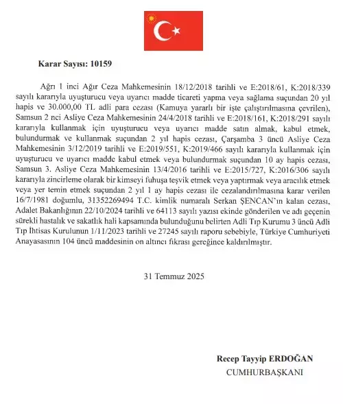 Cumhurbaşkanı Erdoğan, 9 hükümlünün cezasını kaldırdı
