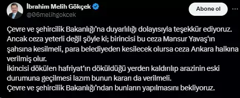 Melih Gökçek: ABB'ye uygulanan ceza Mansur Yavaş'ın şahsına kesilmeli
