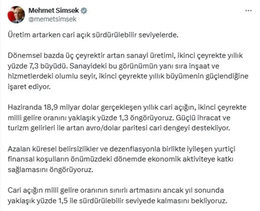 Bakan Simsek Cari Acik Yil Sonunda Surdurulebilir Seviyede Kalacak