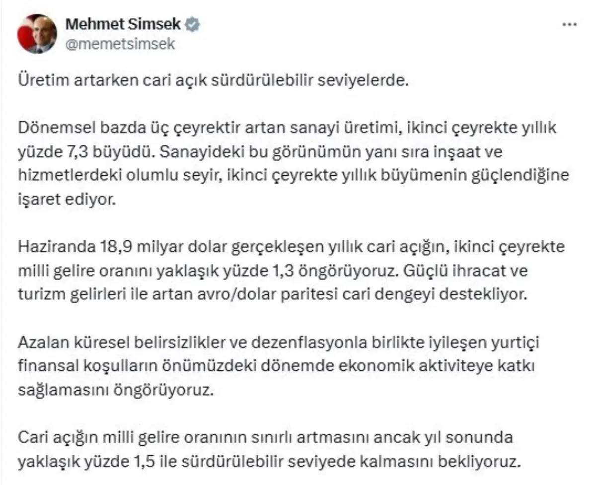 Bakan Simsek Cari Acik Yil Sonunda Surdurulebilir Seviyede Kalacak