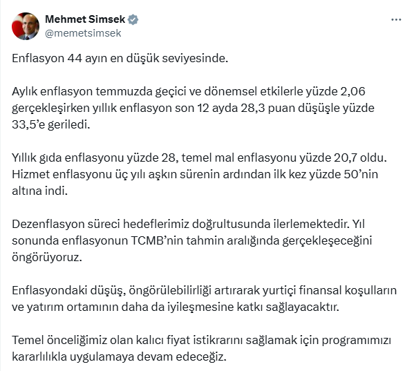Bakan Şimşek'ten enflasyon açıklaması: 44 ayın en düşük seviyesi