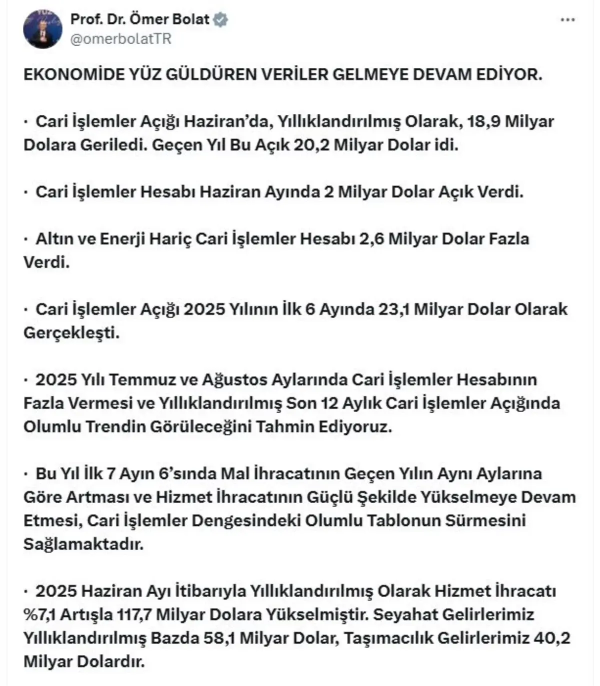 Cari Islemler Hesabinda Olumlu Trend Beklentisi