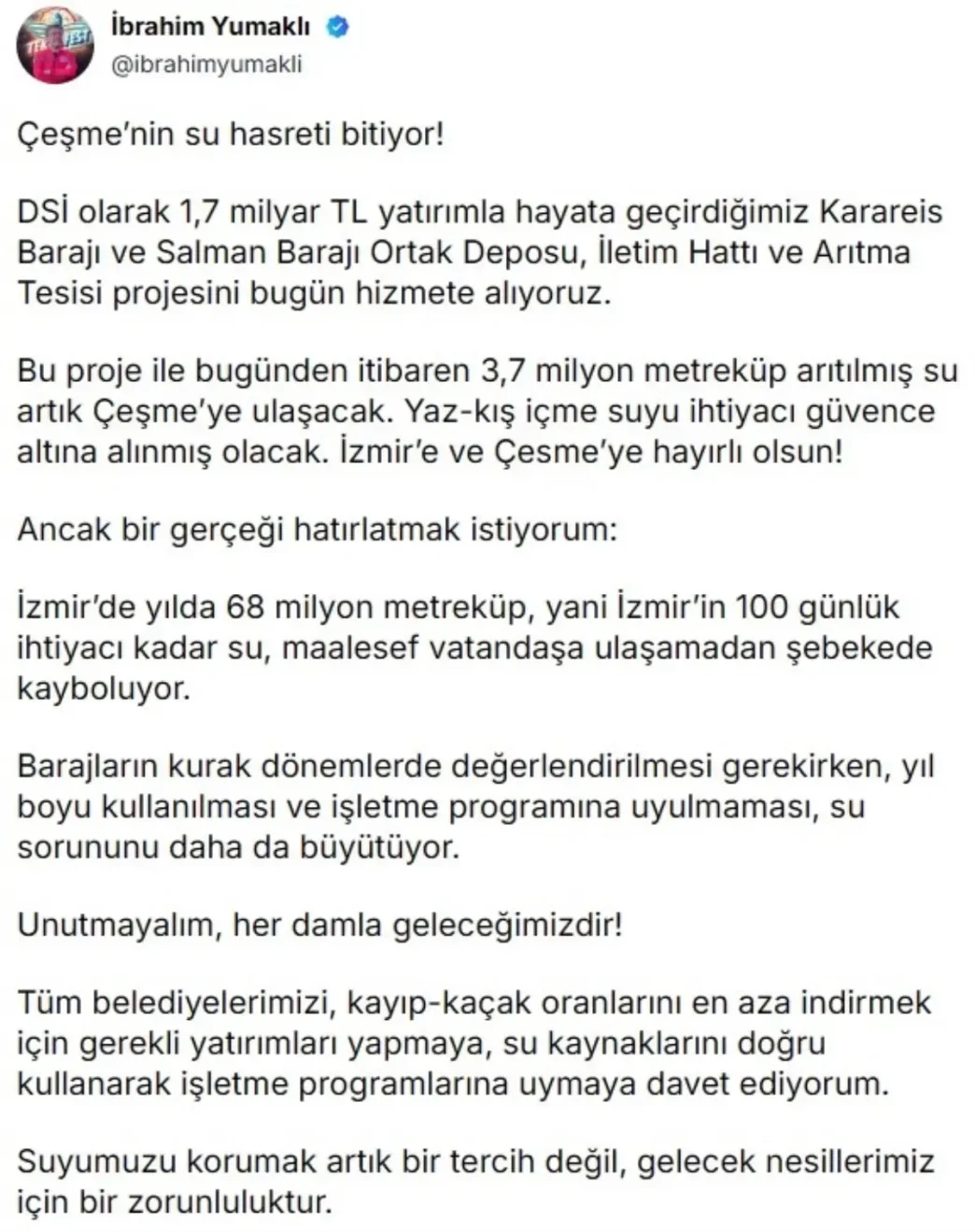 Cesmeye 37 milyon metrekup aritilmis su ulasiyor