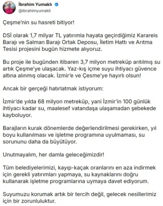 Cesmeye 37 milyon metrekup aritilmis su ulasiyor