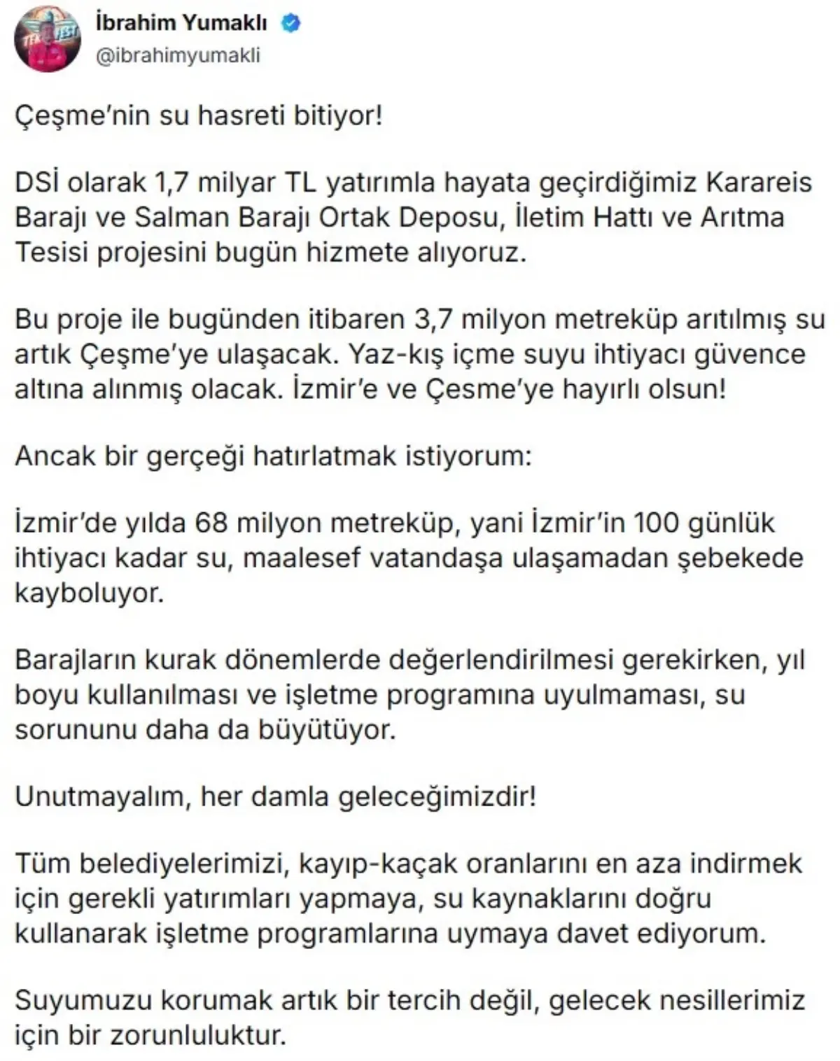 Cesmeye 37 milyon metrekup aritilmis su ulasiyor