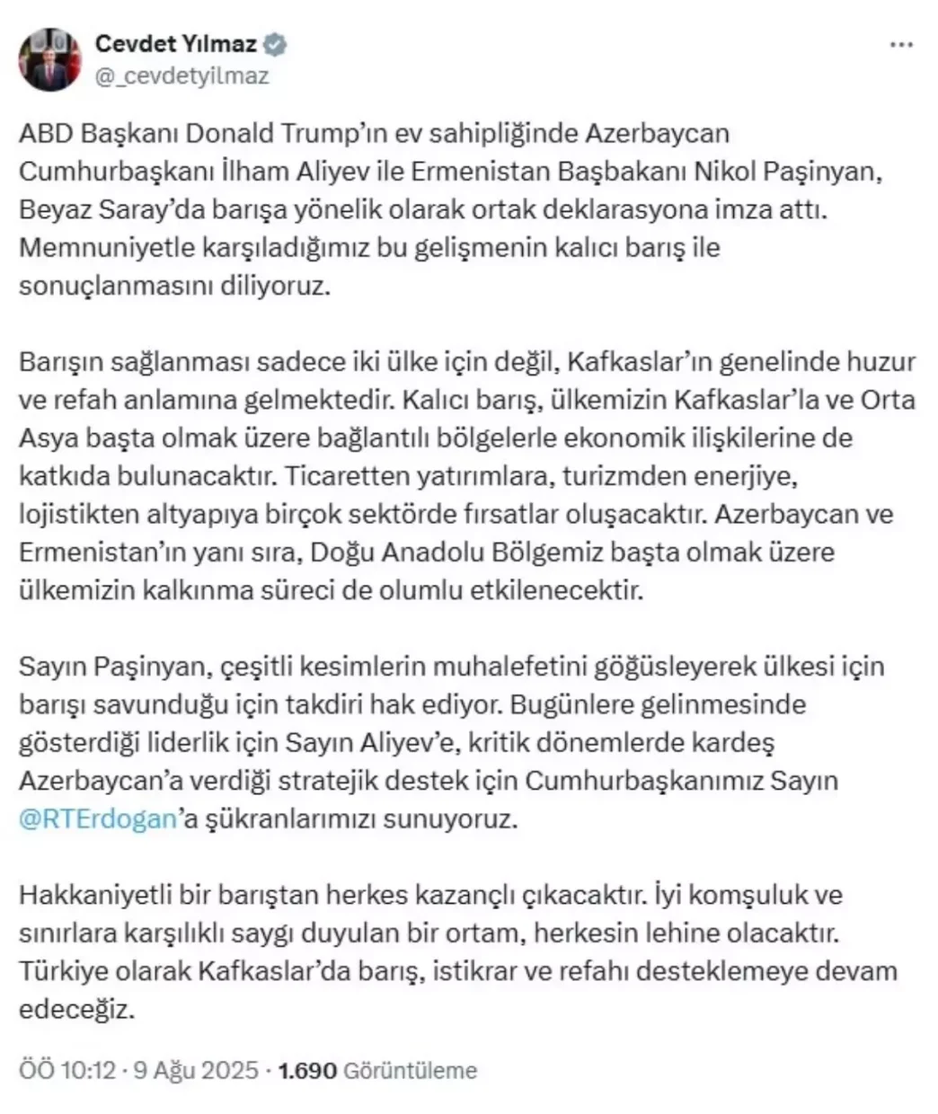 Cevdet Yilmazdan Azerbaycan ve Ermenistana Baris Mesaji