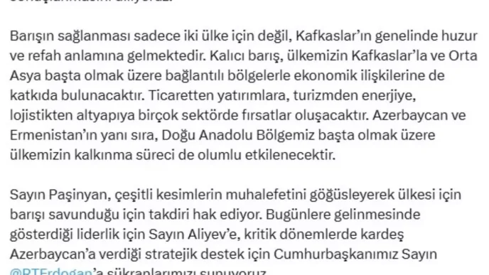 Cevdet Yilmazdan Azerbaycan ve Ermenistana Baris Mesaji