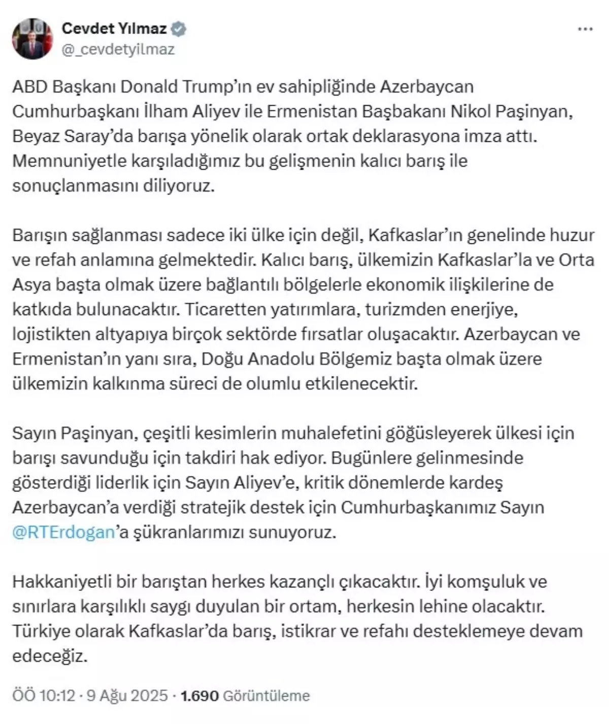 Cevdet Yilmazdan Azerbaycan ve Ermenistana Baris Mesaji
