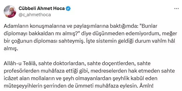 Cübbeli Ahmet'ten 'sahte diploma' çıkışı: İşte sistemin geldiği durum