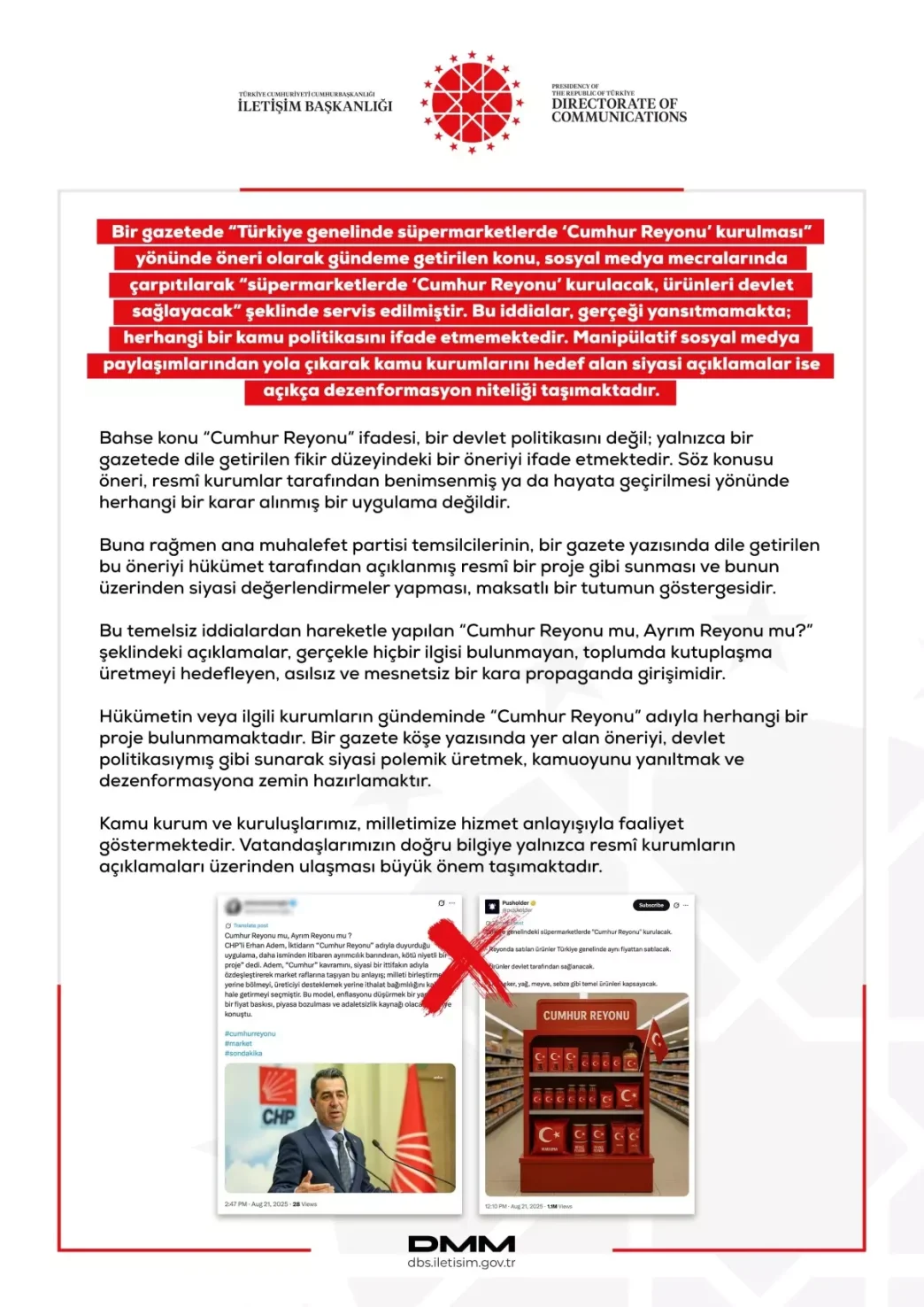 DMM Cumhur Reyonu Iddialarini Yalanladi