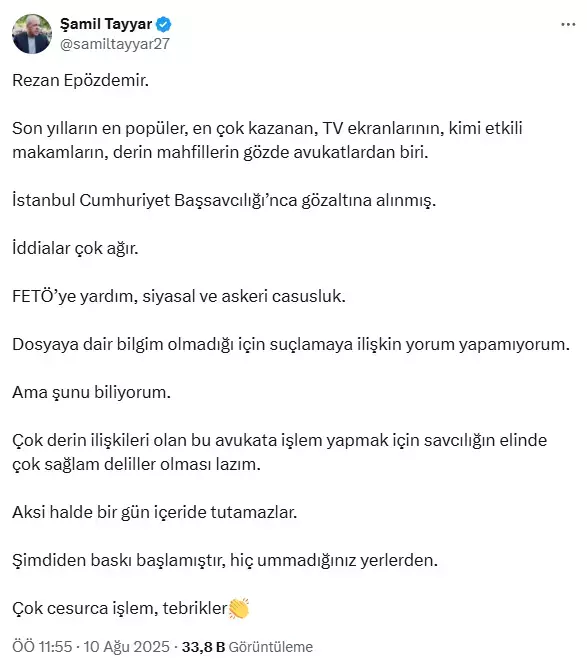 Şamil Tayyar'dan Avukat Rezan Epözdemir'in Gözaltına Alınmasına Dair Açıklama