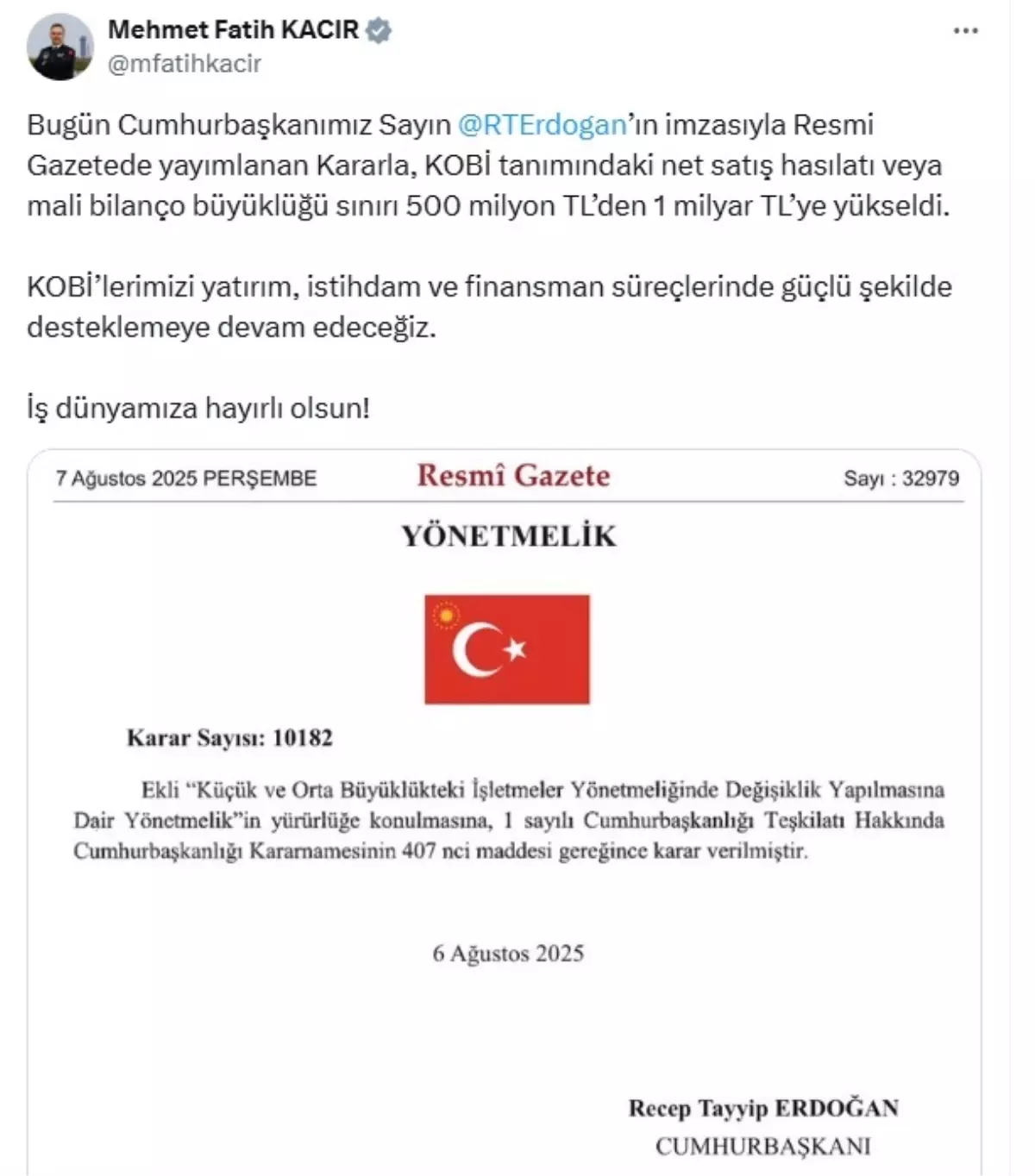 KOBI tanimi degisti Net satis hasilati veya mali bilanco siniri