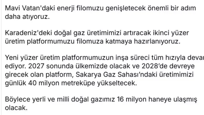 Karadenizde yeni uretim platformu devreye alinacak