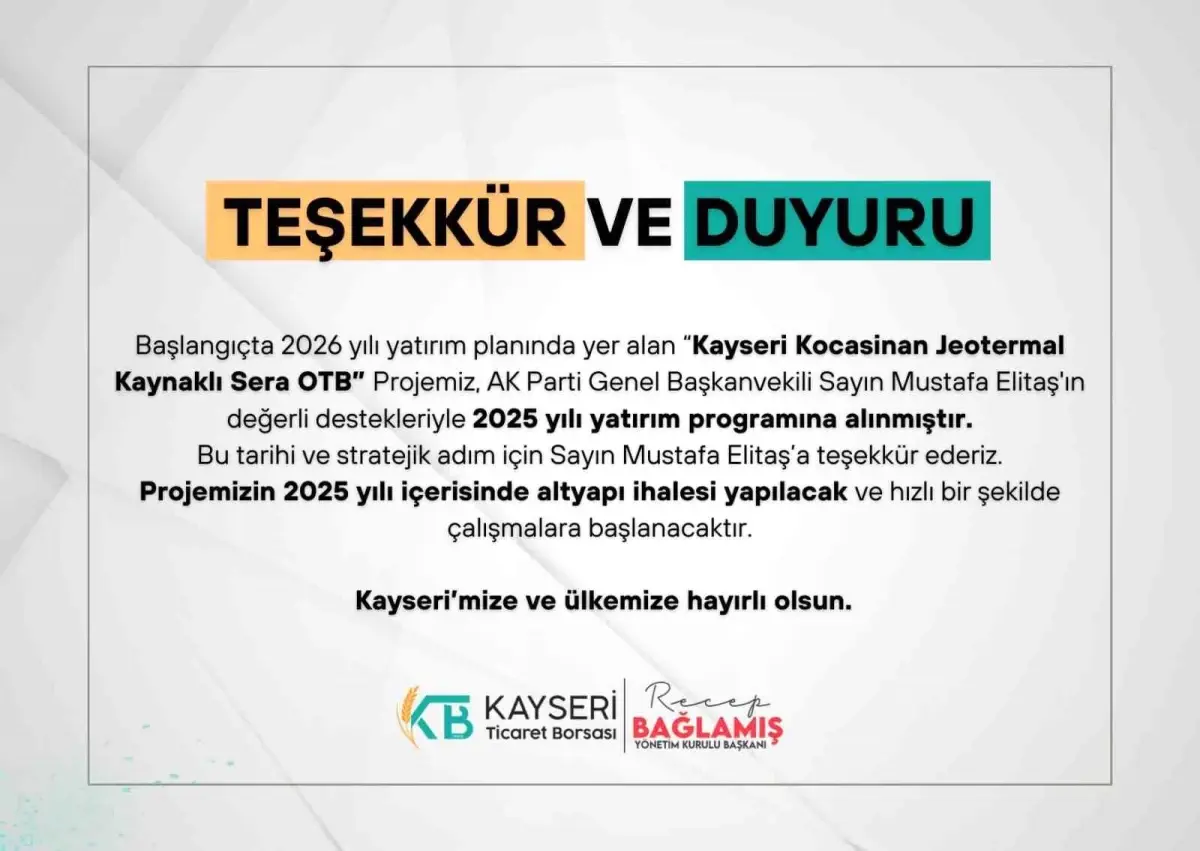 Kayseri Jeotermal Kaynakli Sera Projesi 2025 Yatirim Programina Alindi