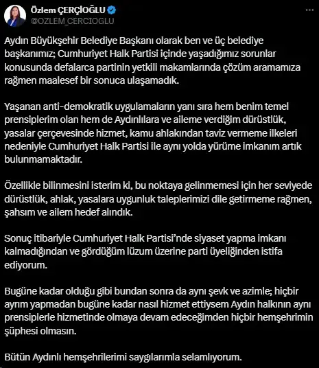 Özlem Çerçioğlu zehir zemberek sözlerle CHP'den istifa etti