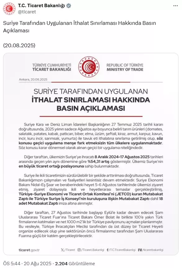 Suriye'nin ithalat yasağı kararıyla ilgili Türkiye'den açıklama