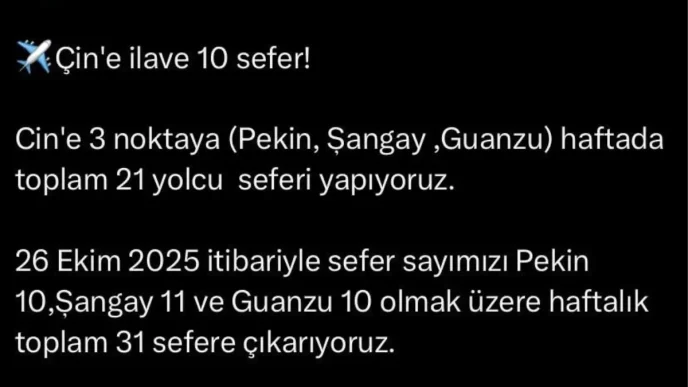 Turk Hava Yollari Cin Ucuslarini Artiriyor