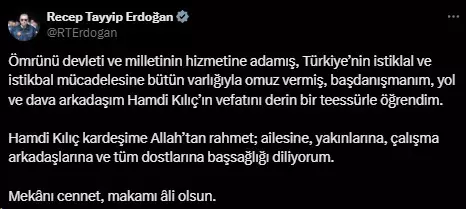 Cumhurbaşkanı Erdoğan'dan 'yol ve dava arkadaşım' dediği Hamdi Kılıç için taziye mesajı